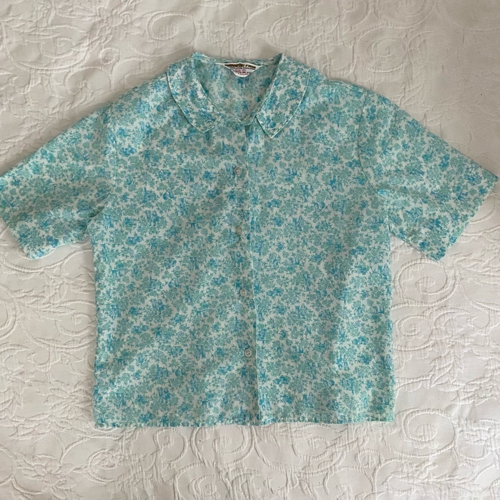 Vintage 1960s Cotton Shirt Short Sleeve Castle Floral Print Hong Kong - Picture 7 of 15